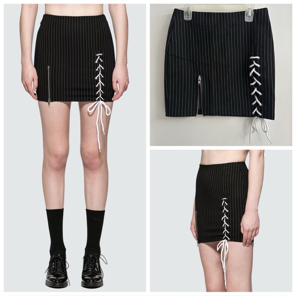 DANIELLE GUIZIO - Women's LARGE Black Pinstripe Lace Up Zip Slit Mini Skirt